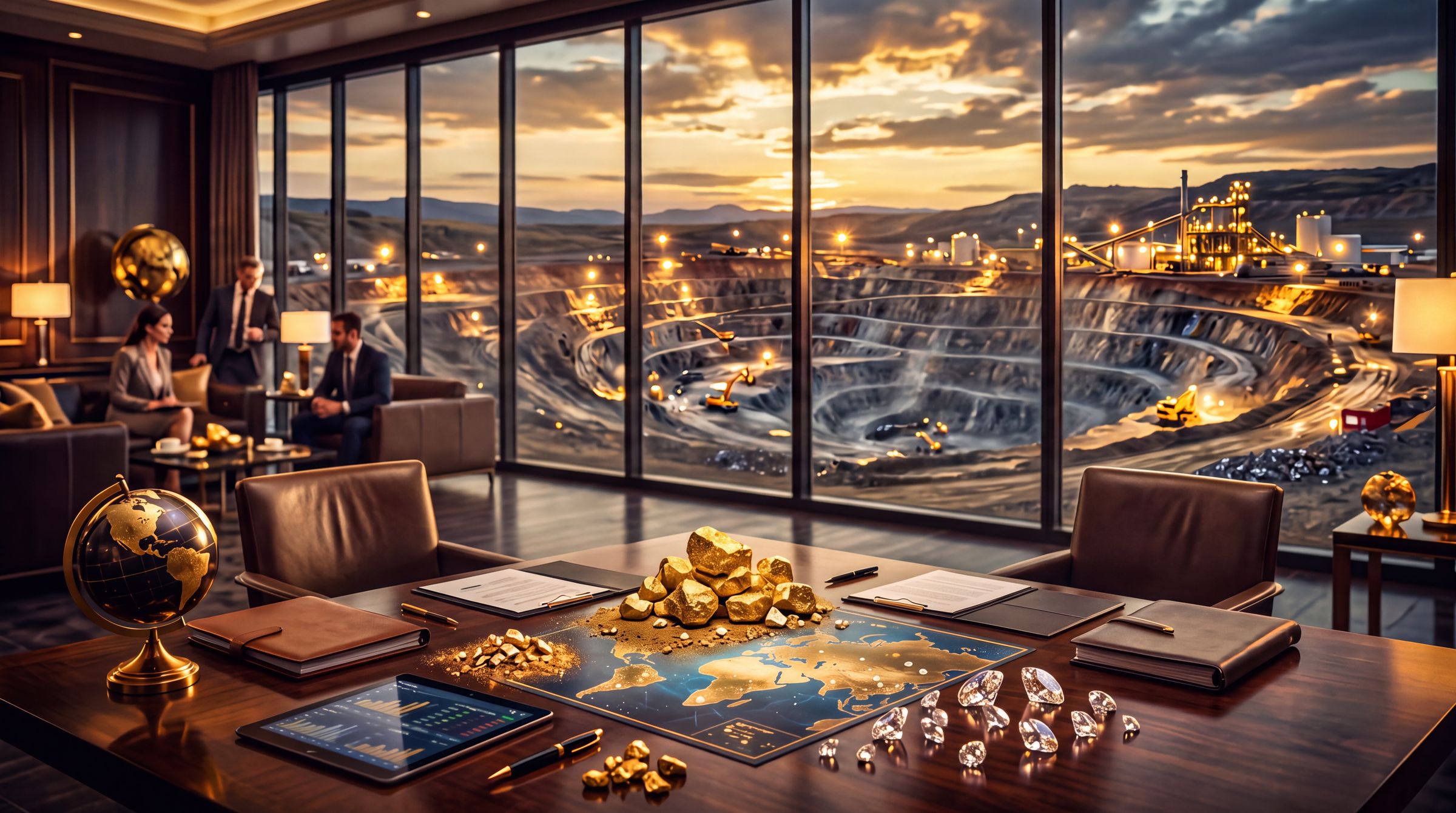 Escritório executivo com ouro, diamantes e mapa global sobre a mesa, com vista para uma operação de mineração
