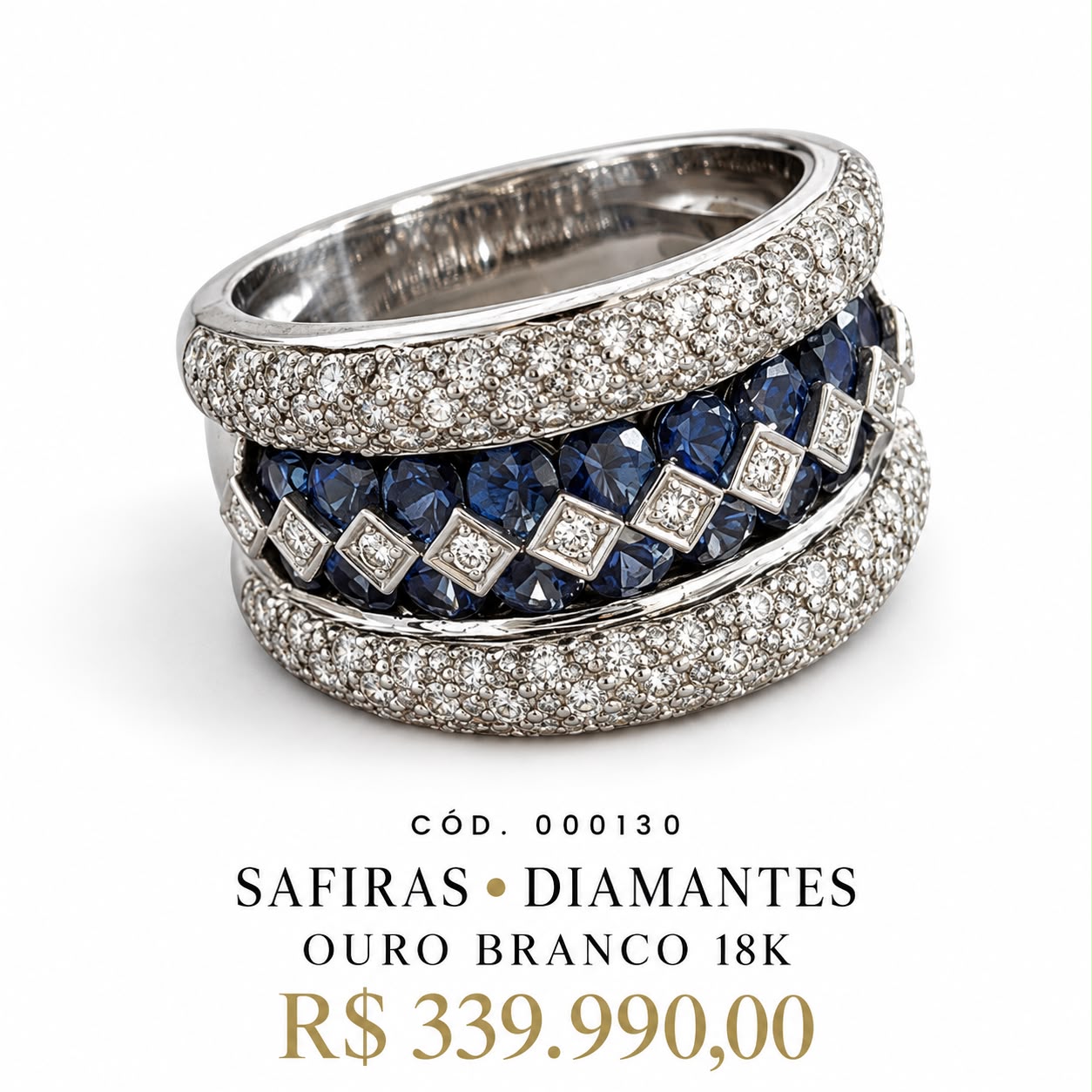 Anel Safiras e Diamantes Ouro Branco 18K