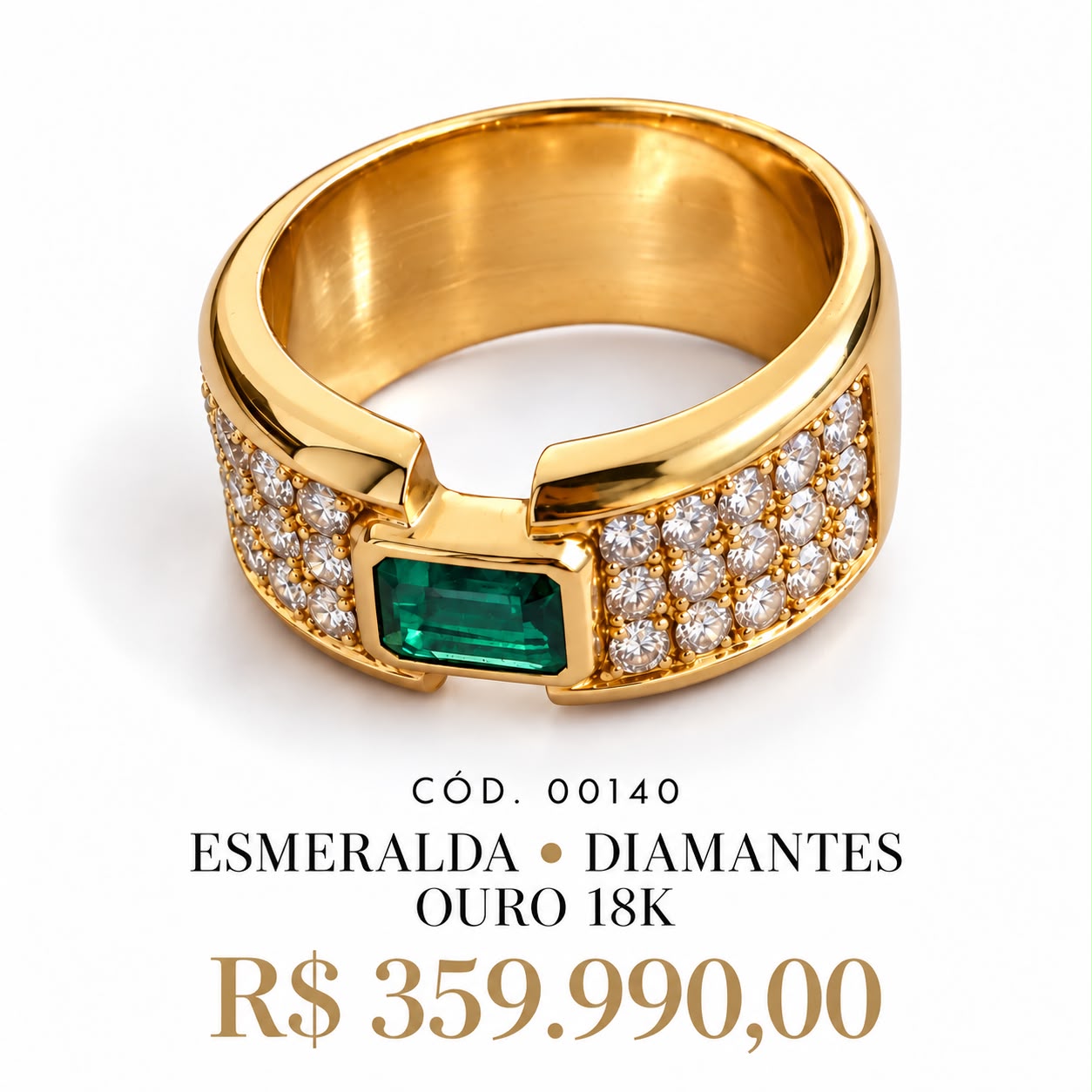 Anel Esmeralda e Diamantes Ouro 18K
