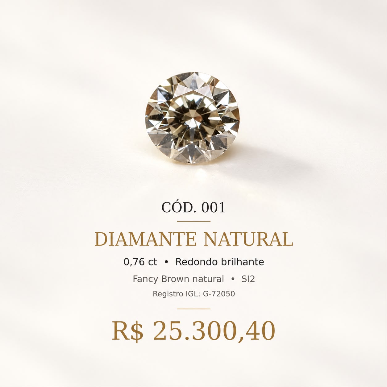 Diamante Natural Fancy Brown 0,76 ct Redondo Brilhante