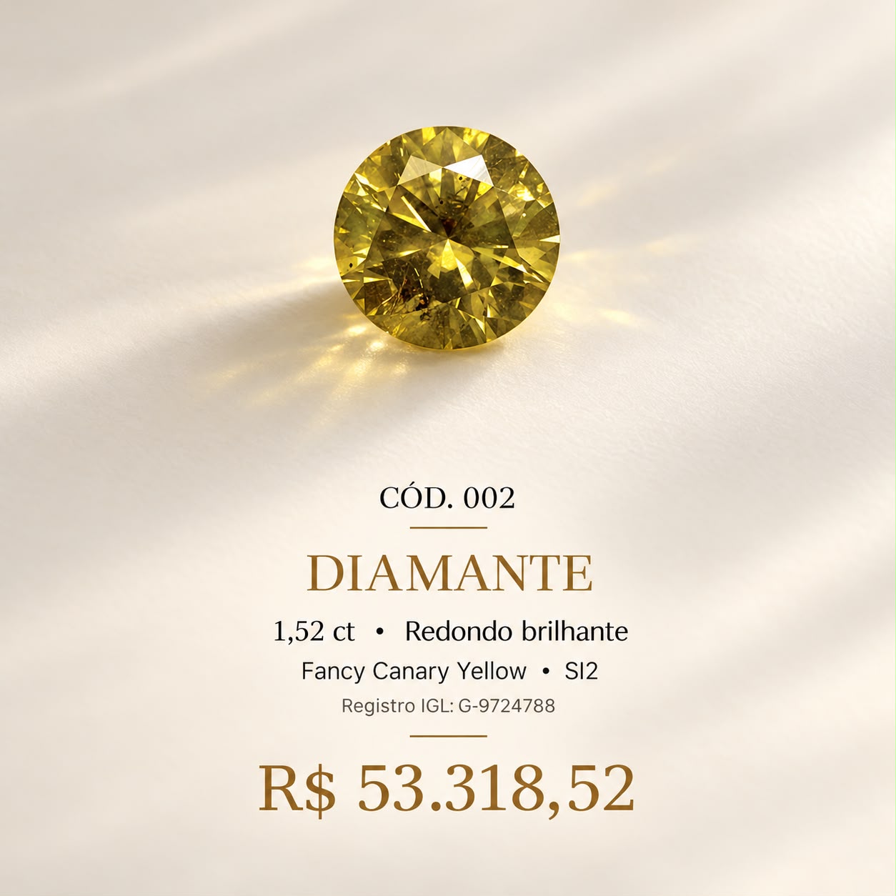 Diamante Fancy Canary Yellow 1,52 ct Redondo Brilhante