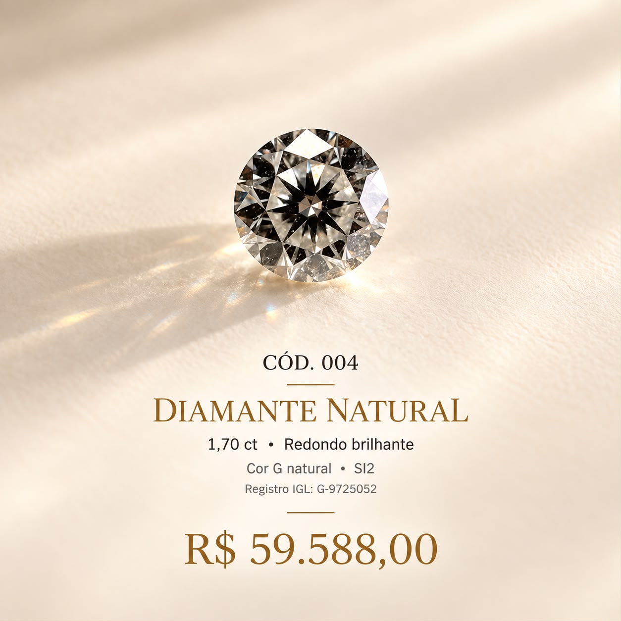 Diamante Natural Cor G 1,70 ct Redondo Brilhante