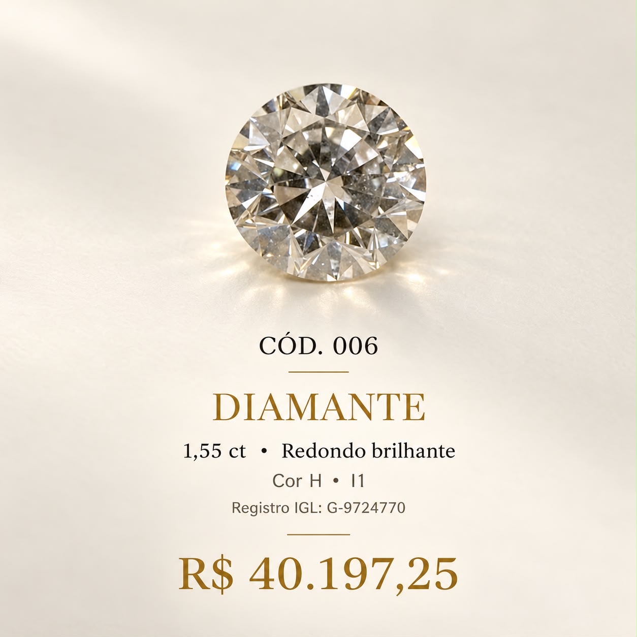 Diamante Cor H 1,55 ct Redondo Brilhante