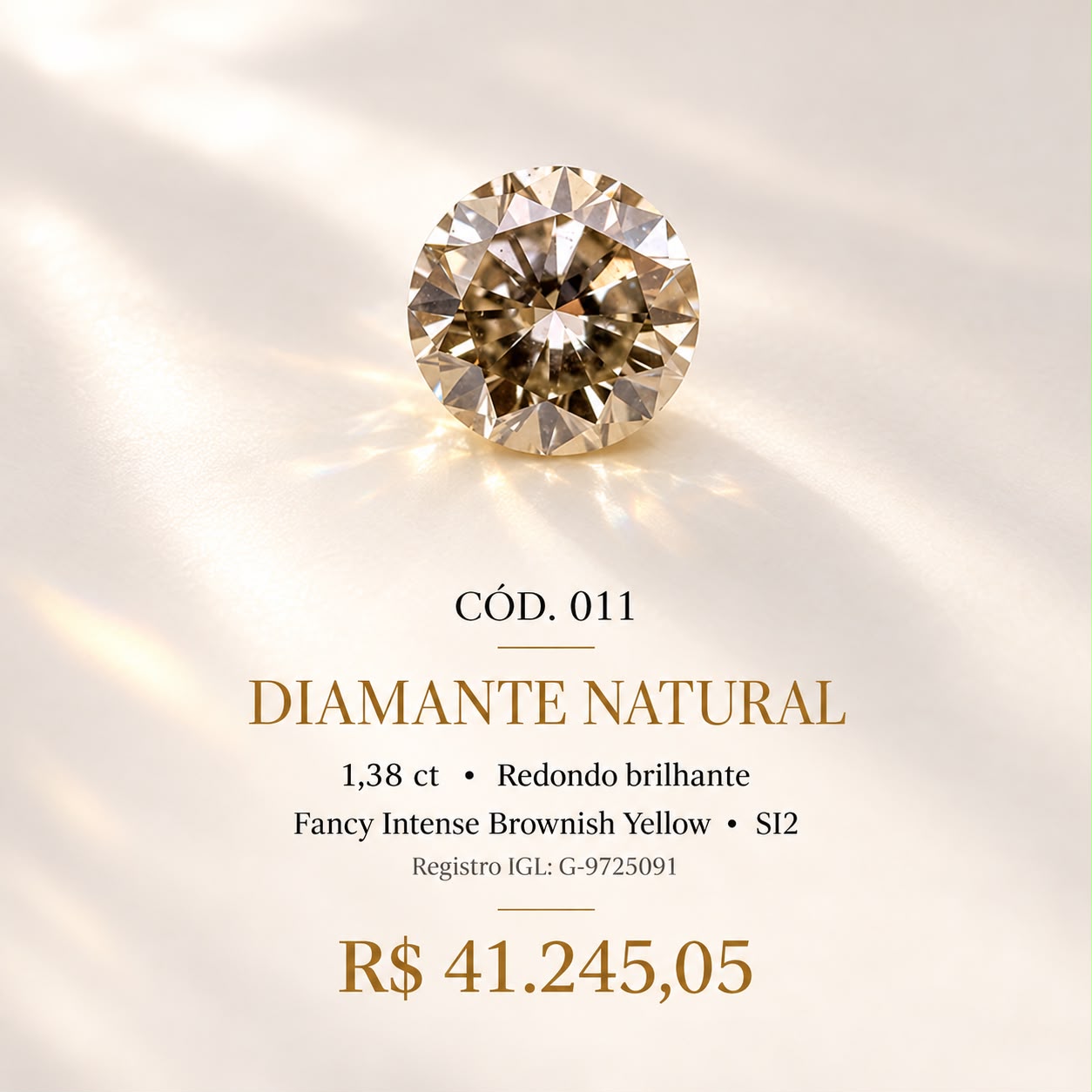 Diamante Natural Fancy Intense Brownish Yellow 1,38 ct Redondo