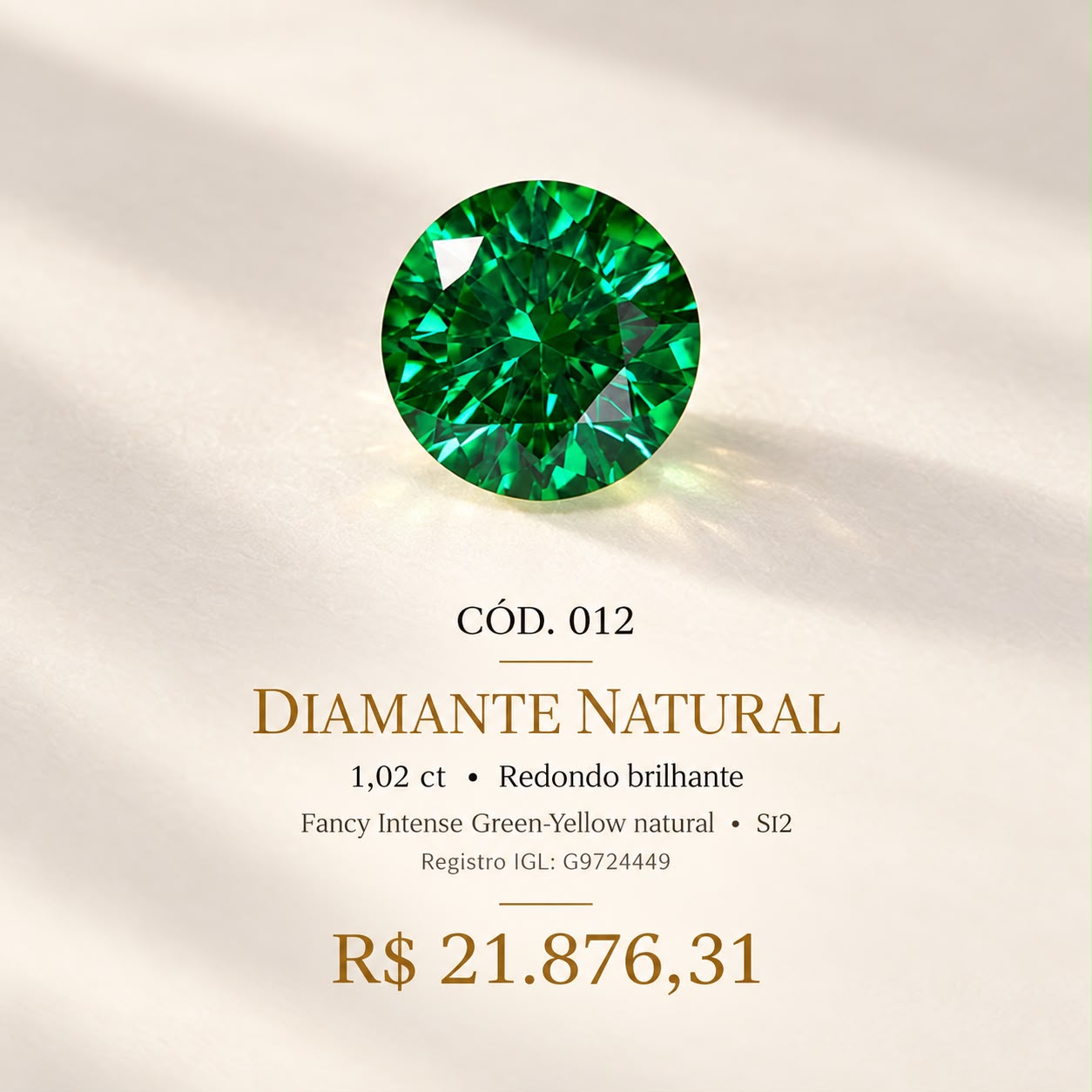 Diamante Natural Fancy Intense Green-Yellow 1,02 ct Redondo